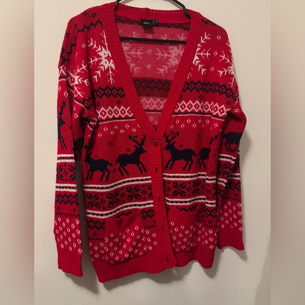 ASOS Red navy white Reindeer Cardigan US 6